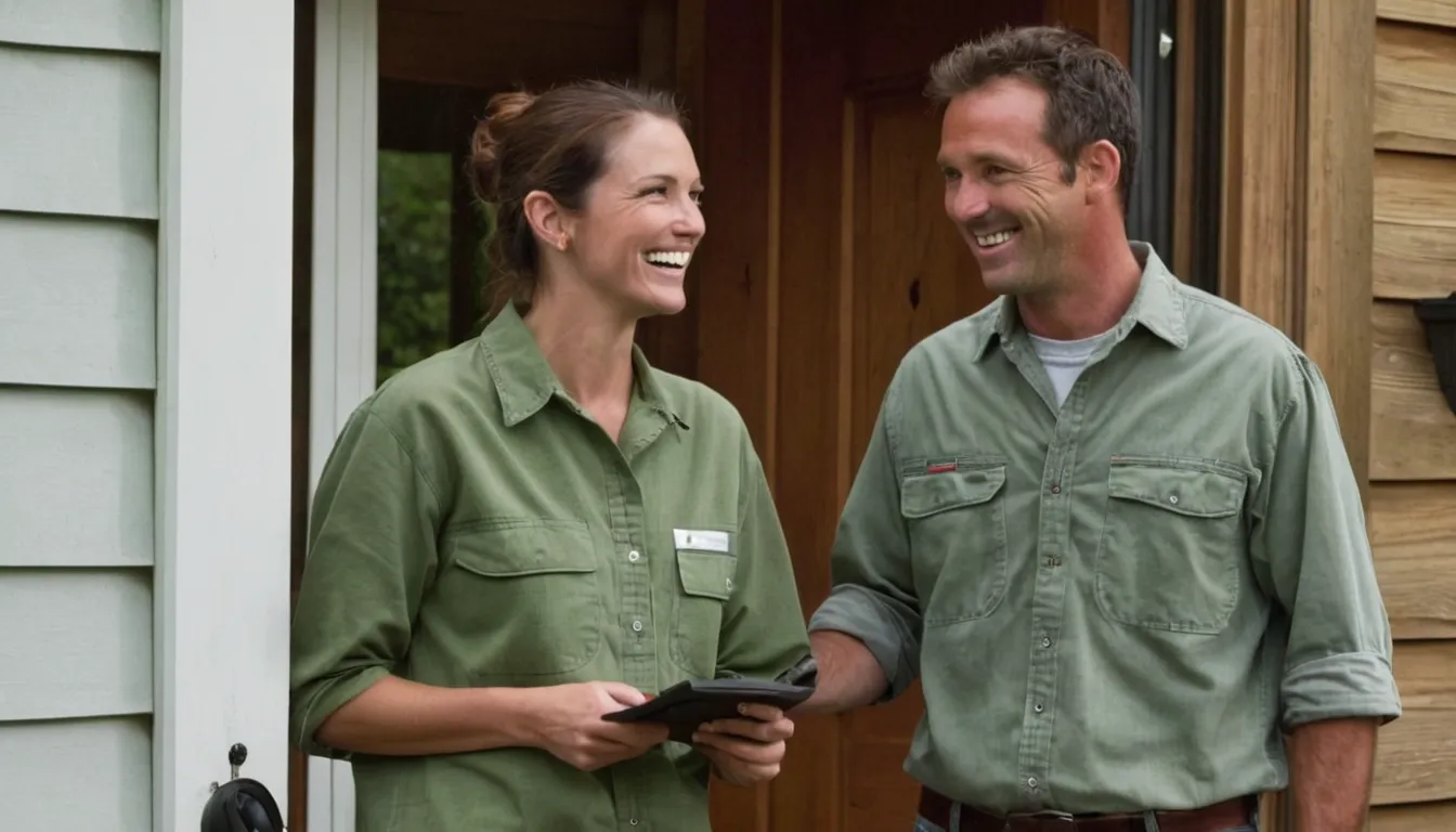 A friendly pest control provider talking with a homeowner at the front door of a wood-frame house in Lakewood