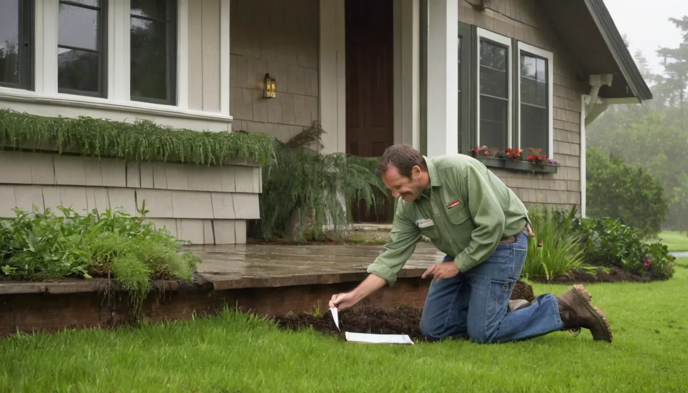 A friendly pest control provider showing a homeowner the sealed gap along a house foundation in Lakewood